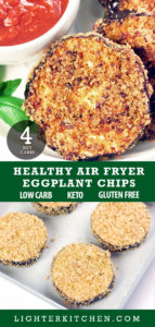 Pinterest Picture of uncooked Eggplant Chips with air fried Eggplant Chips