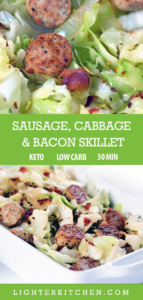 Up close picture of cabbage and sausage with bacon. Served in a large white dish.