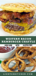 Western Bacon Hamburger Chaffle with bacon, onion rings, hamburger patty and cheese