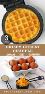Picture of a cooked chaffle on a waffle iron in addition to the 3 ingredients needed to make the recipe.