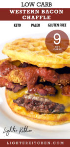 Western Bacon Hamburger Chaffle with bacon, onion rings, hamburger patty and cheese
