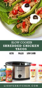 Picture of shredded chicken tacos with tomatoes, avocados and sour cream.
