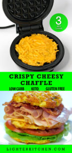 Picture of a cooked chaffle on a waffle iron plus a sandwich using the chaffle.