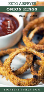 Onion Rings made in the air fryer on a white plate with BBQ sauce dip.