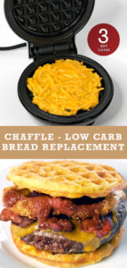 Picture of a cooked chaffle on a waffle iron plus a hamburger using the chaffle.