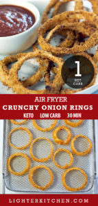 Onion Rings made in the air fryer on a white plate with BBQ sauce dip.