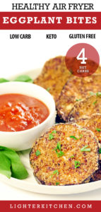 Pinterest Picture of uncooked Eggplant Chips with air fried Eggplant Chips