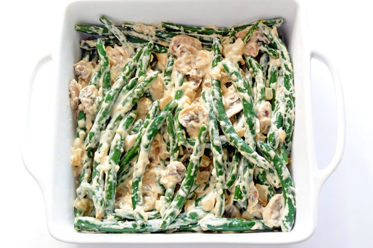 Keto Green Bean Casserole about to be put in the oven.