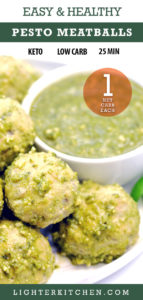 Pinterest Pin showing cooked Pesto Meatballs on a white plate with extra pesto sauce.
