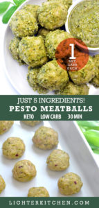 Pinterest Pin showing cooked Pesto Meatballs on a white plate with extra pesto sauce. Also shows raw meatballs on a baking sheet.