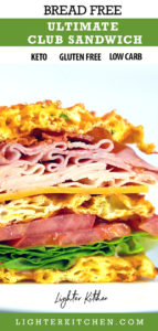 Picture of a Club Sandwich Chaffle on a white plate. Loaded with turkey, ham, cheese and bacon.