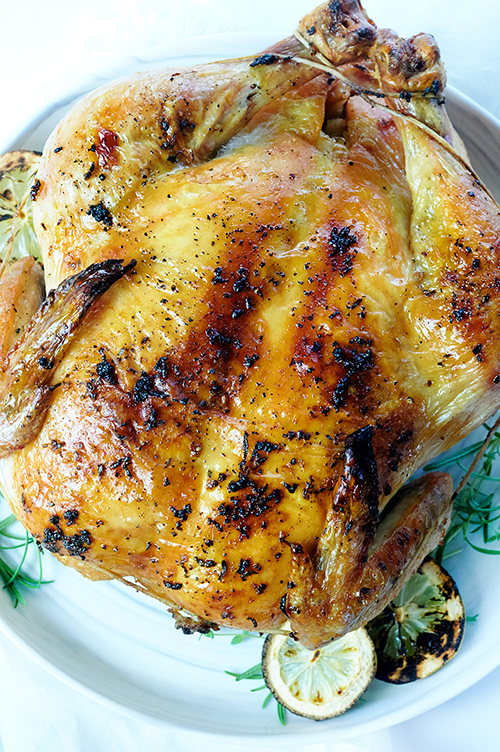 Whole chicken on a white plate surrounded by lemon, onion and herbs.