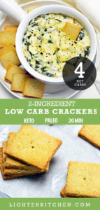 Keto Spinach Dip in a white bowl with keto crackers,