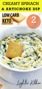 Baked Keto Spinach Dip in a white soup bowl. Rests on a white plate with keto crackers.